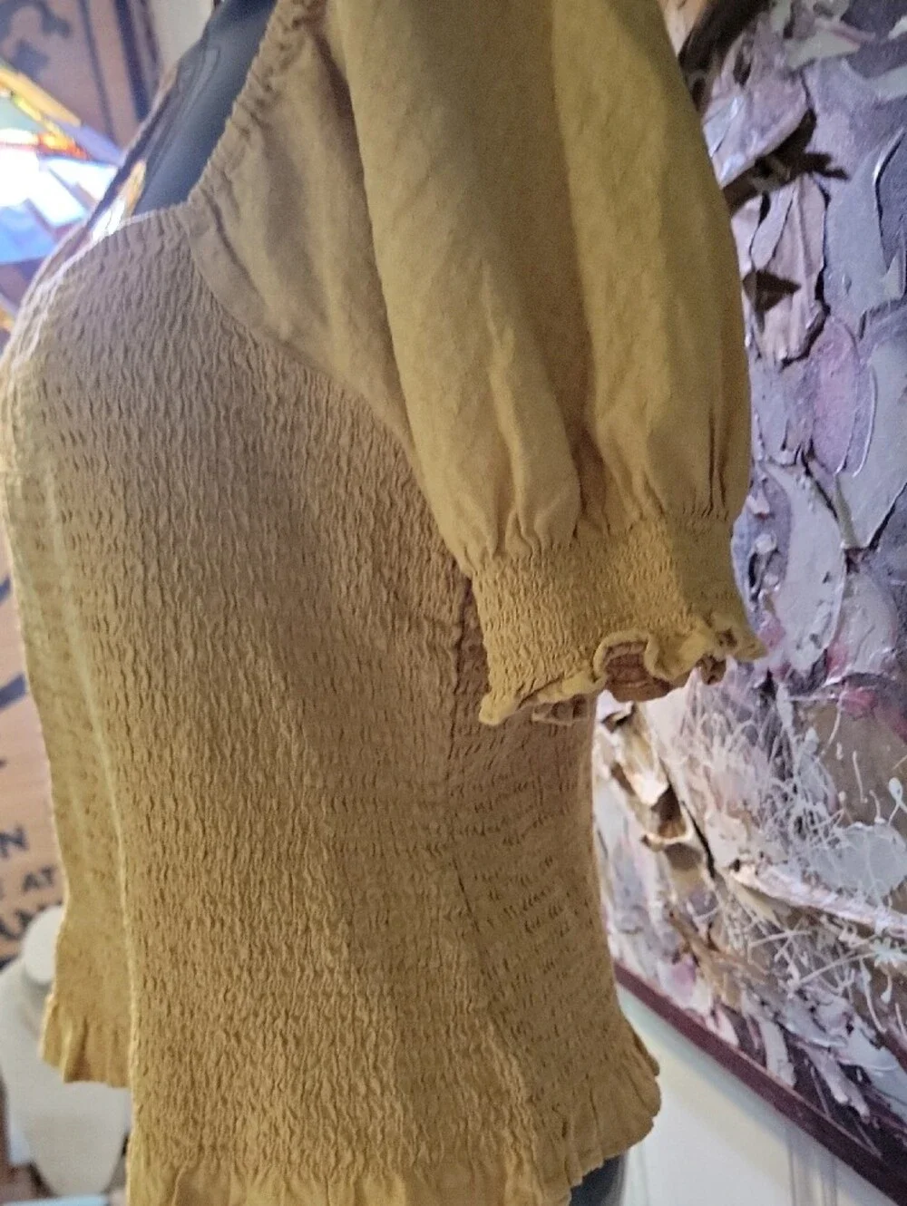 Madewell Mustard Smocked Puff-Sleeve Women's Crop Top